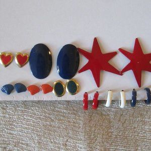 80s Red, White, Blue Patriotic Metal and Enamel Pierced Earrings (9 pairs)